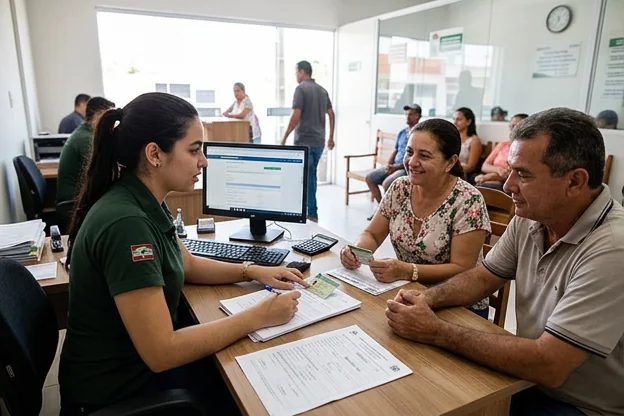 Profissionais orientando clientes sobre o processo de renovação da CNH.